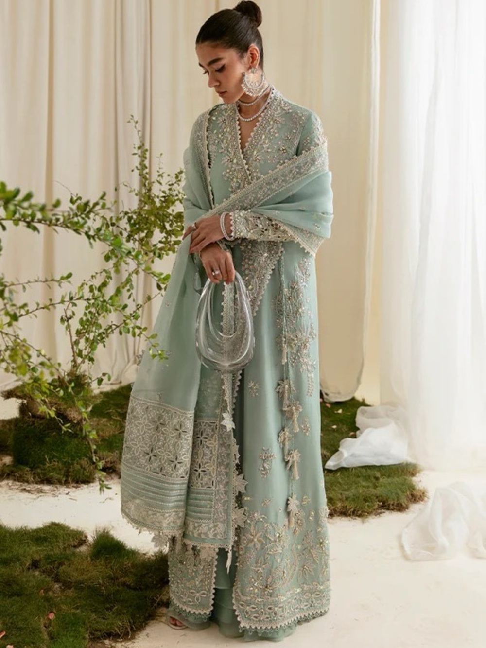 Pastel Bluish Green Embroidered Women's Angaraka with Dupatta and flared pants